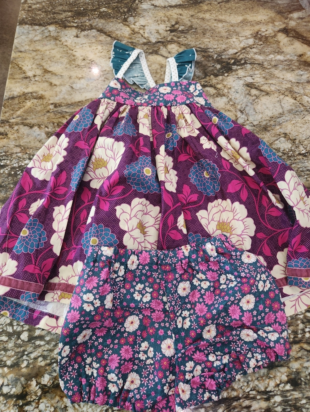 Girls Floral Purple & Teal Matching Set - Cute Dress with Bloom Print